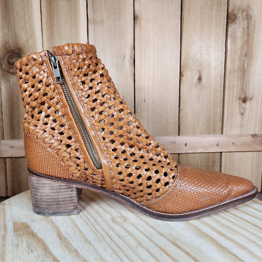 Free People In The Loop Boots Womens 10 Brown Leather Woven Ankle Booties Boho - Picture 5 of 9
